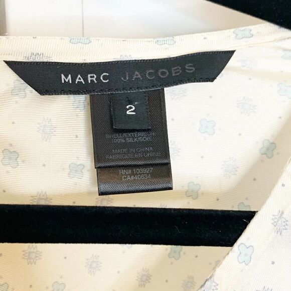 Marc Jacobs Women’s Cream Blue Flower Sleeveless Silk Blouse Large Tie Button - Picture 7 of 9